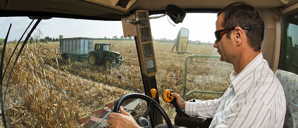 Driver of the combine observes the tractor with the trailer on the field of corn threshed